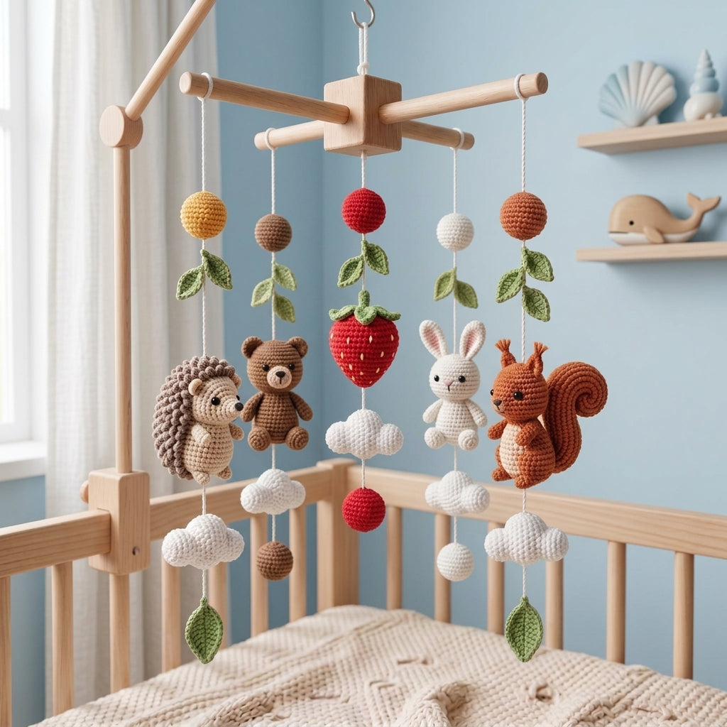 Handmade Crochet Woodland Baby Mobile – Hedgehog, Bear, Bunny & Squirrel Nursery Decor