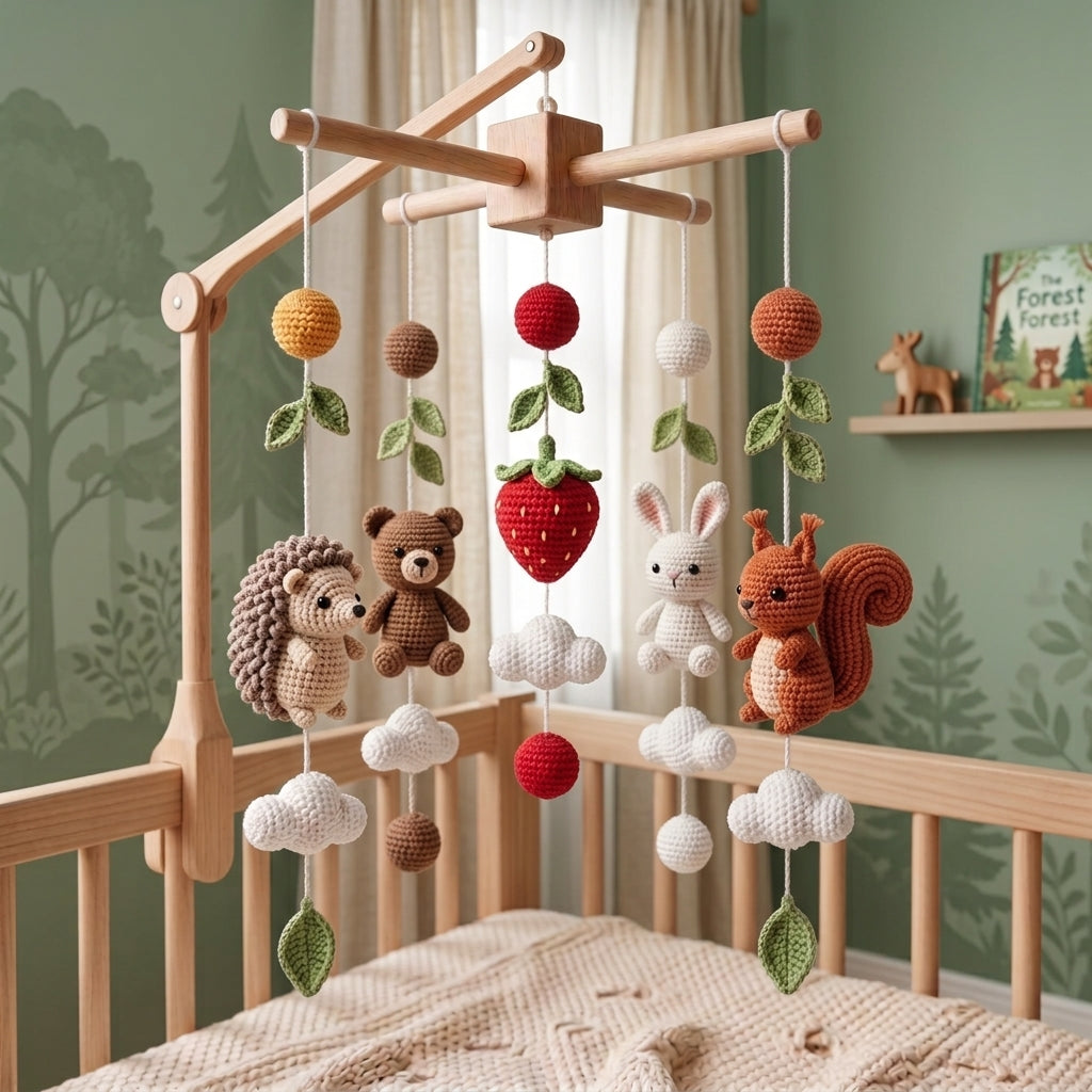 Handmade Crochet Woodland Baby Mobile – Hedgehog, Bear, Bunny & Squirrel Nursery Decor