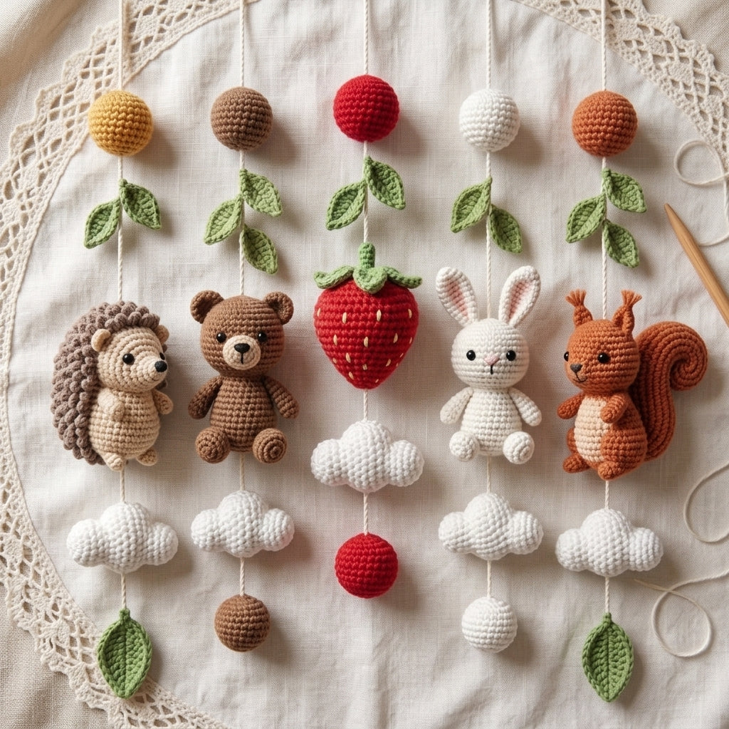Handmade Crochet Woodland Baby Mobile – Hedgehog, Bear, Bunny & Squirrel Nursery Decor