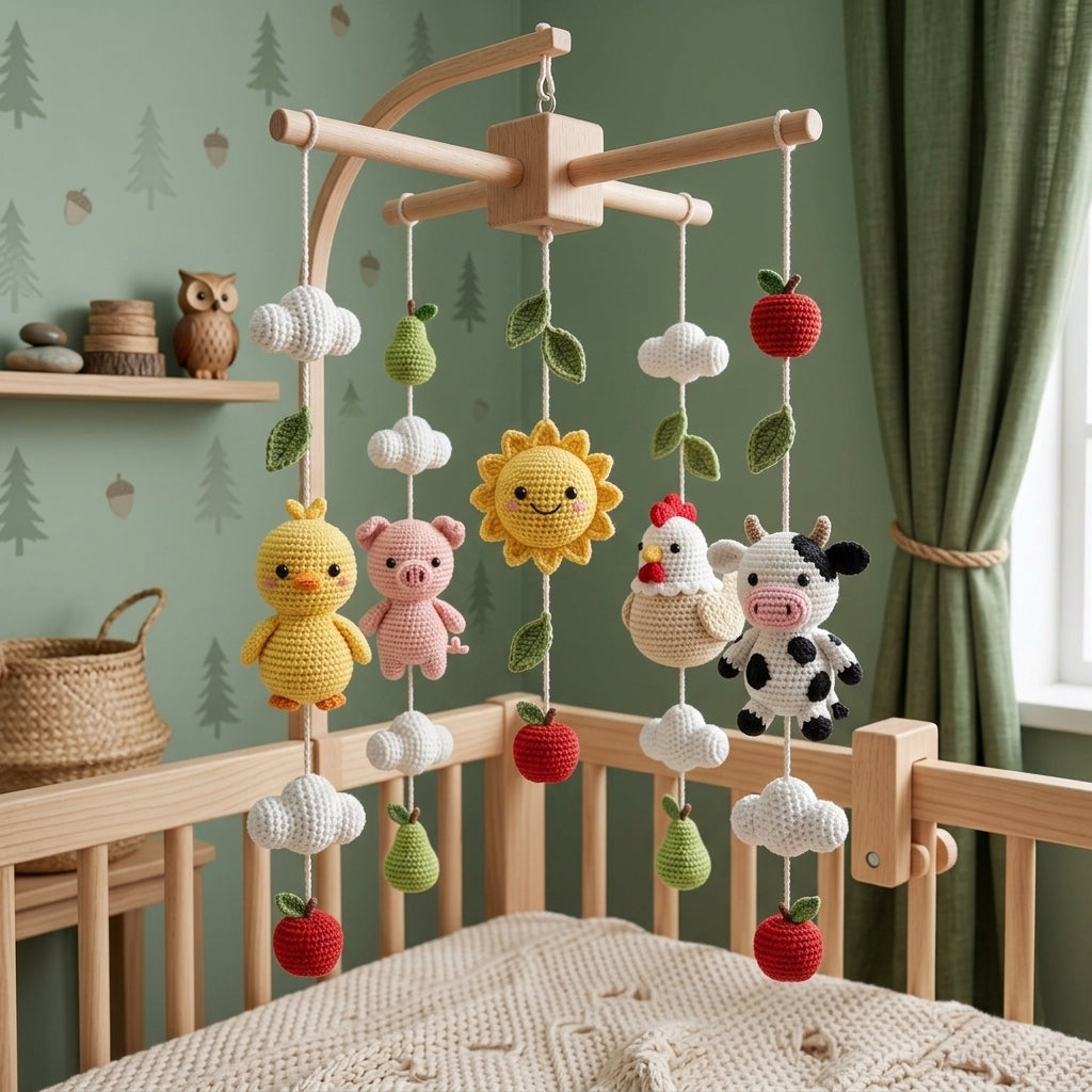 Handmade Crochet Farm Animal Baby Mobile – Cow, Pig, Hen & Chick Nursery Decor