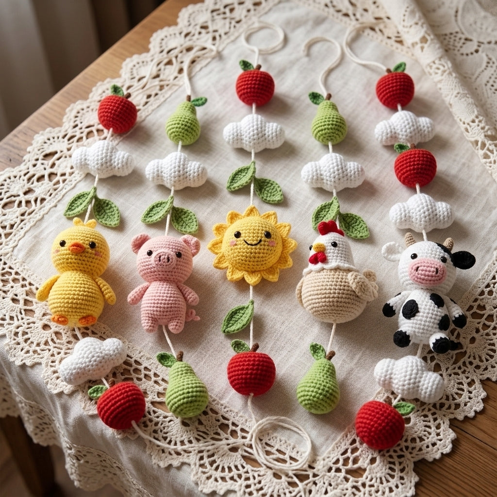 Handmade Crochet Farm Animal Baby Mobile – Cow, Pig, Hen & Chick Nursery Decor