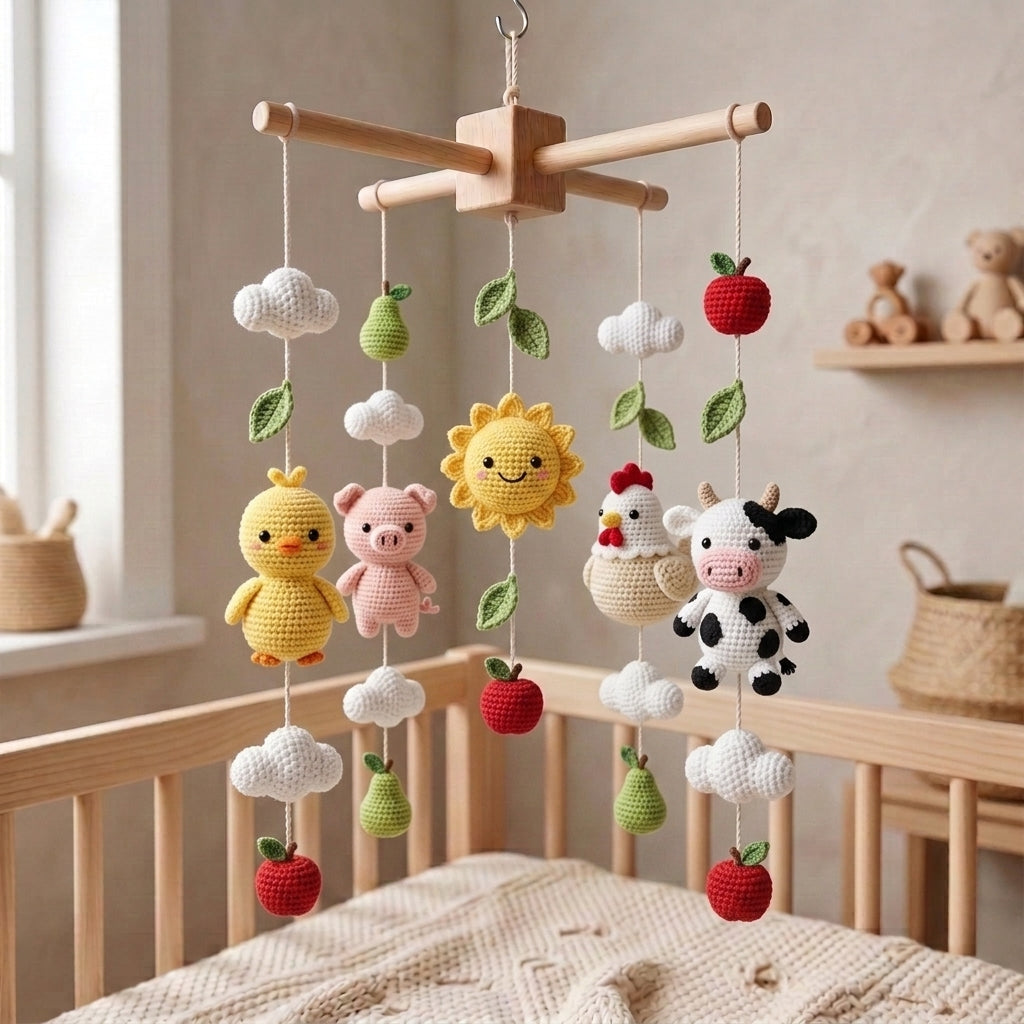 Handmade Crochet Farm Animal Baby Mobile – Cow, Pig, Hen & Chick Nursery Decor