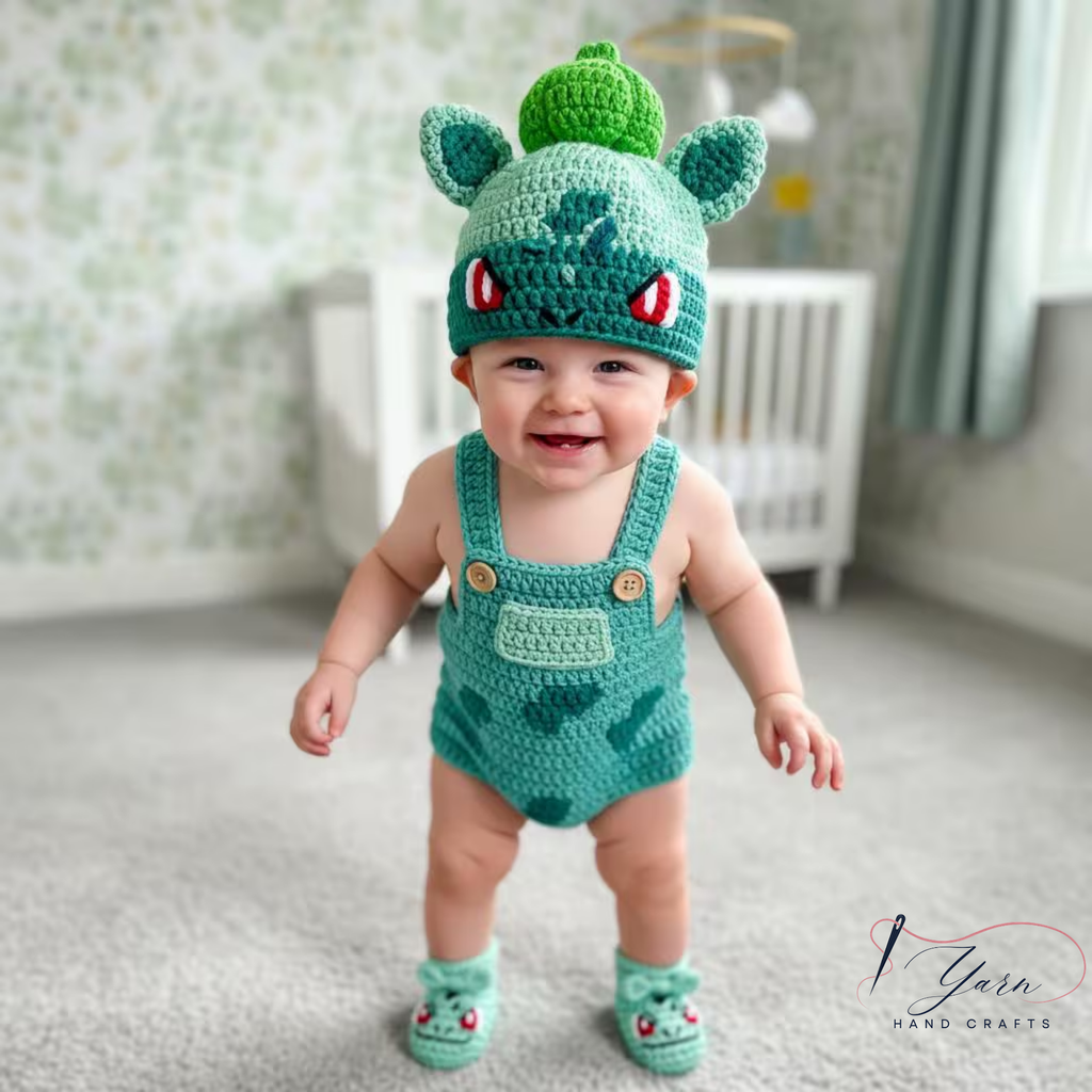 Custom Baby Crochet Outfit Set, Bulbasaur Pokémon Costume, Personalized Grass Starter Romper, Handmade Newborn Photo Prop, Baby Shower Gift