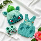 Custom Baby Crochet Outfit Set, Bulbasaur Pokémon Costume, Personalized Grass Starter Romper, Handmade Newborn Photo Prop, Baby Shower Gift