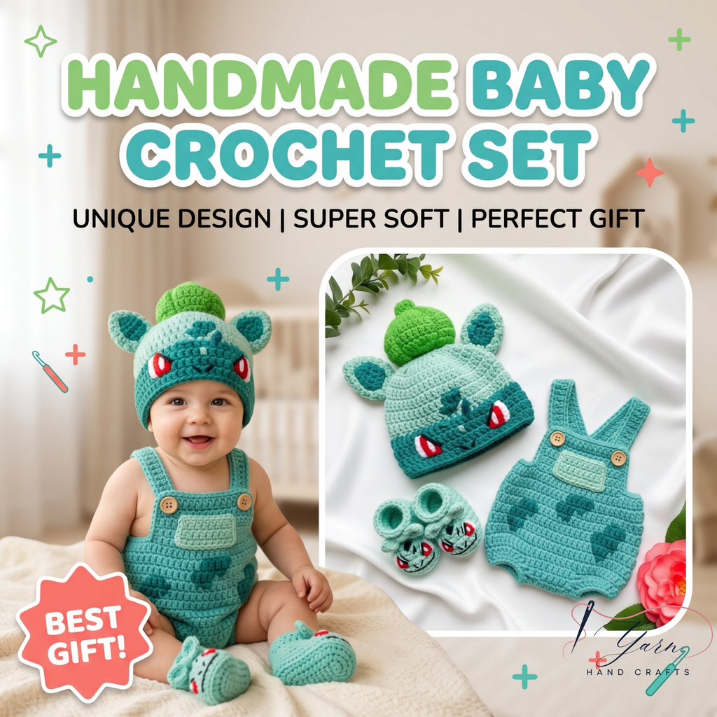 Custom Baby Crochet Outfit Set, Bulbasaur Pokémon Costume, Personalized Grass Starter Romper, Handmade Newborn Photo Prop, Baby Shower Gift