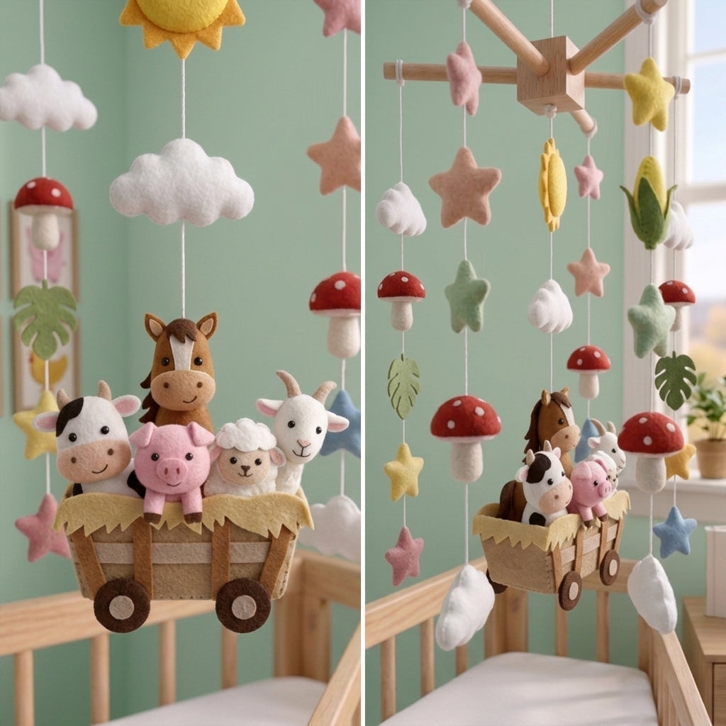 Handmade Felt Farm Animal Baby Mobile – Cow, Pig, Sheep & Horse Nursery Decor