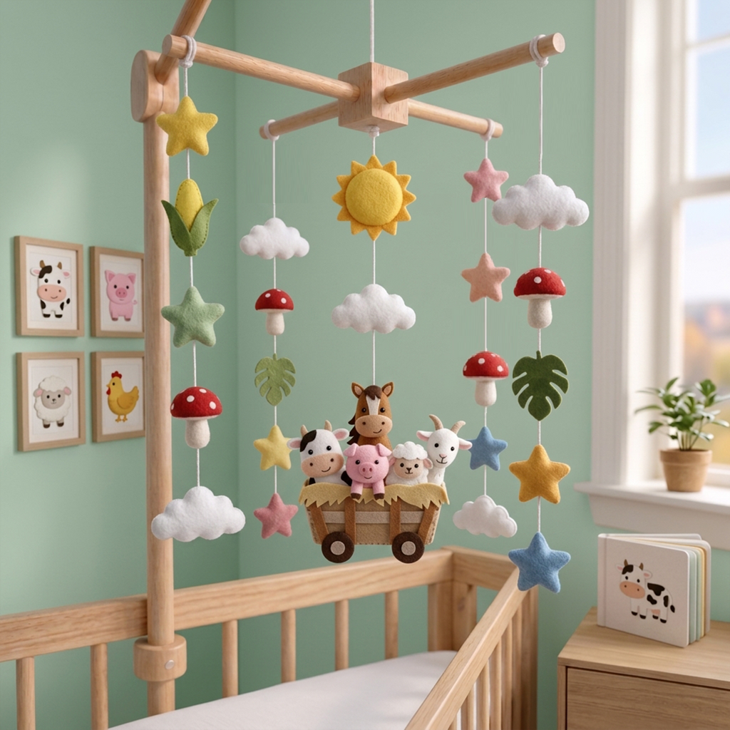 Handmade Felt Farm Animal Baby Mobile – Cow, Pig, Sheep & Horse Nursery Decor