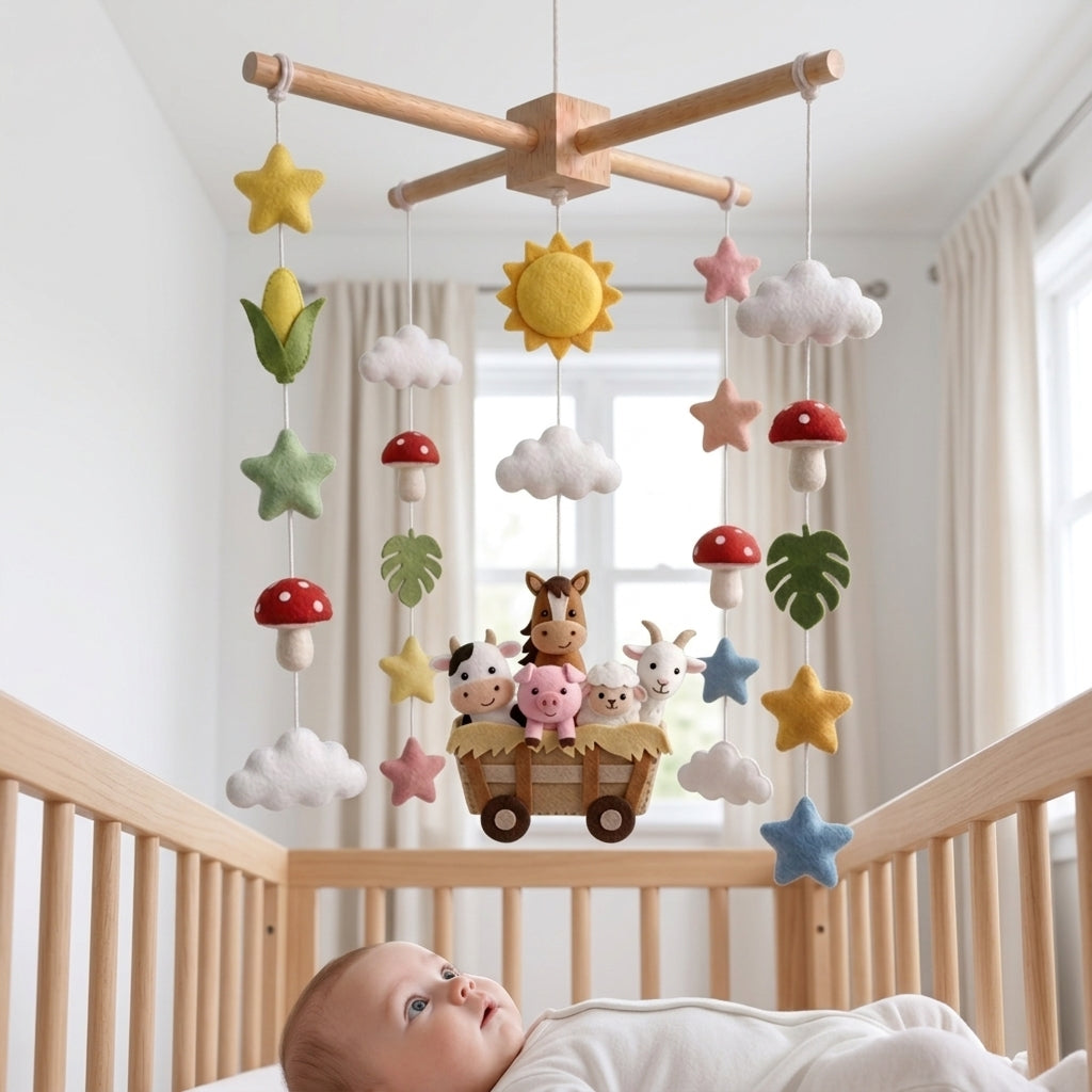 Handmade Felt Farm Animal Baby Mobile – Cow, Pig, Sheep & Horse Nursery Decor