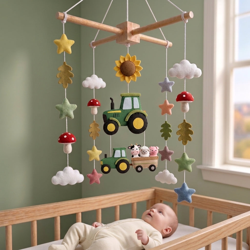 Handmade Felt Tractor Baby Mobile – Farm Animal Nursery Crib Decor
