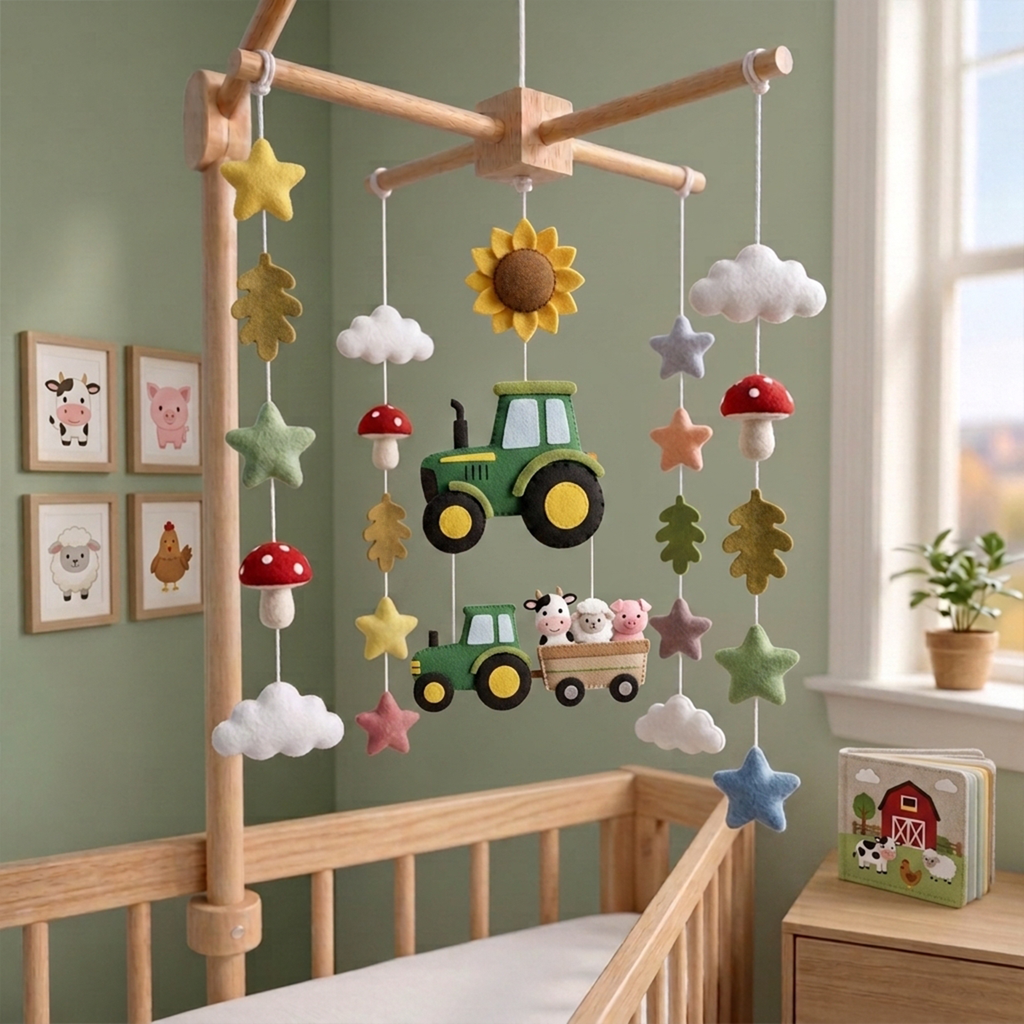 Handmade Felt Tractor Baby Mobile – Farm Animal Nursery Crib Decor