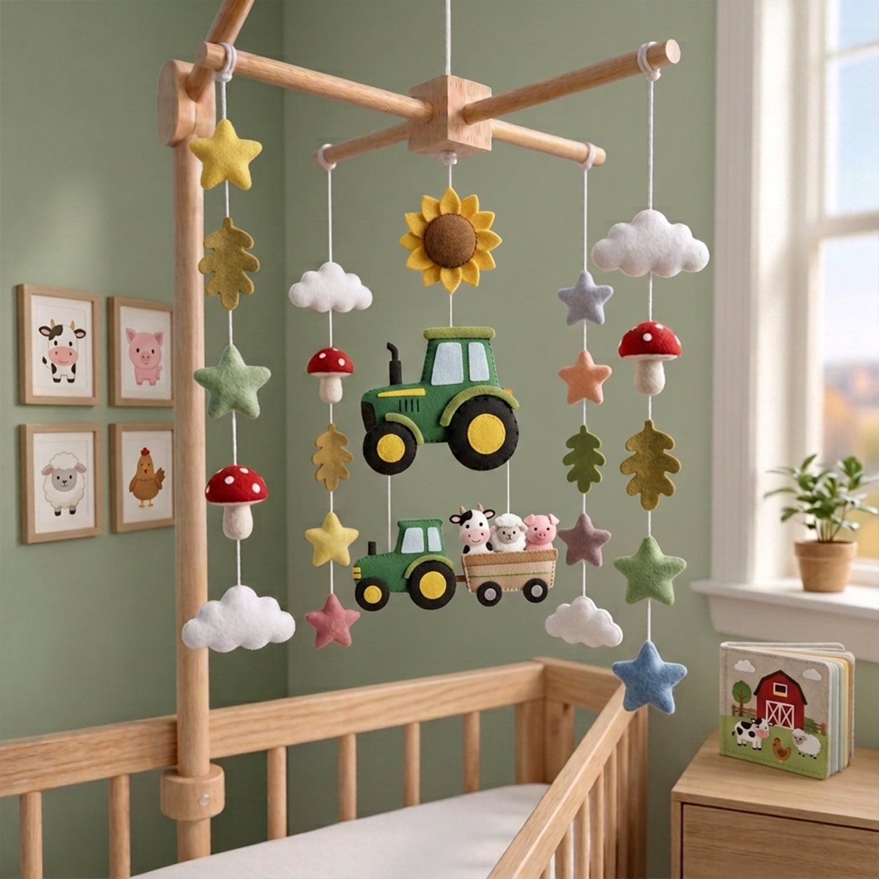 Handmade Felt Tractor Baby Mobile – Farm Animal Nursery Crib Decor