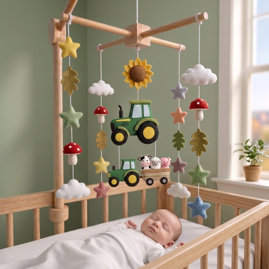 Handmade Felt Tractor Baby Mobile – Farm Animal Nursery Crib Decor