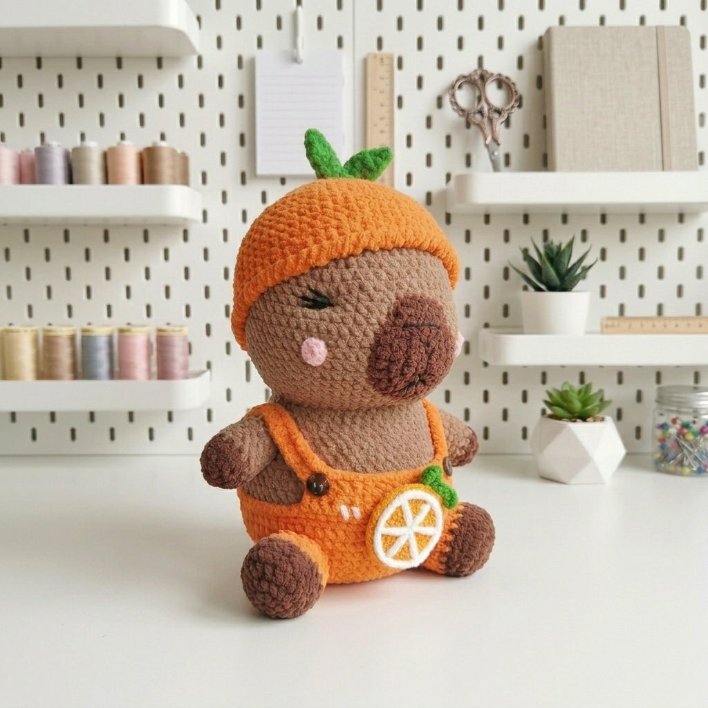 Orange Capybara Crochet Pattern PDF – Fruit Amigurumi Plush in Overalls