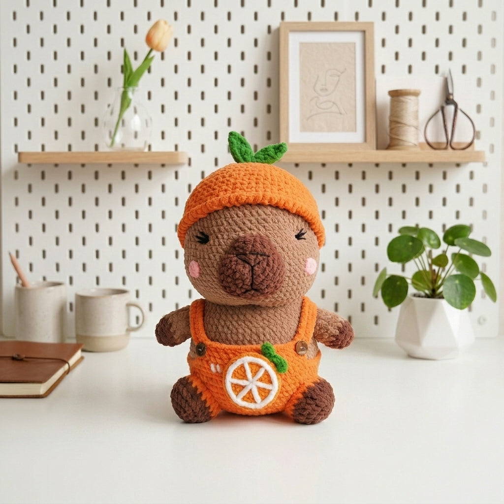 Orange Capybara Crochet Pattern PDF – Fruit Amigurumi Plush in Overalls