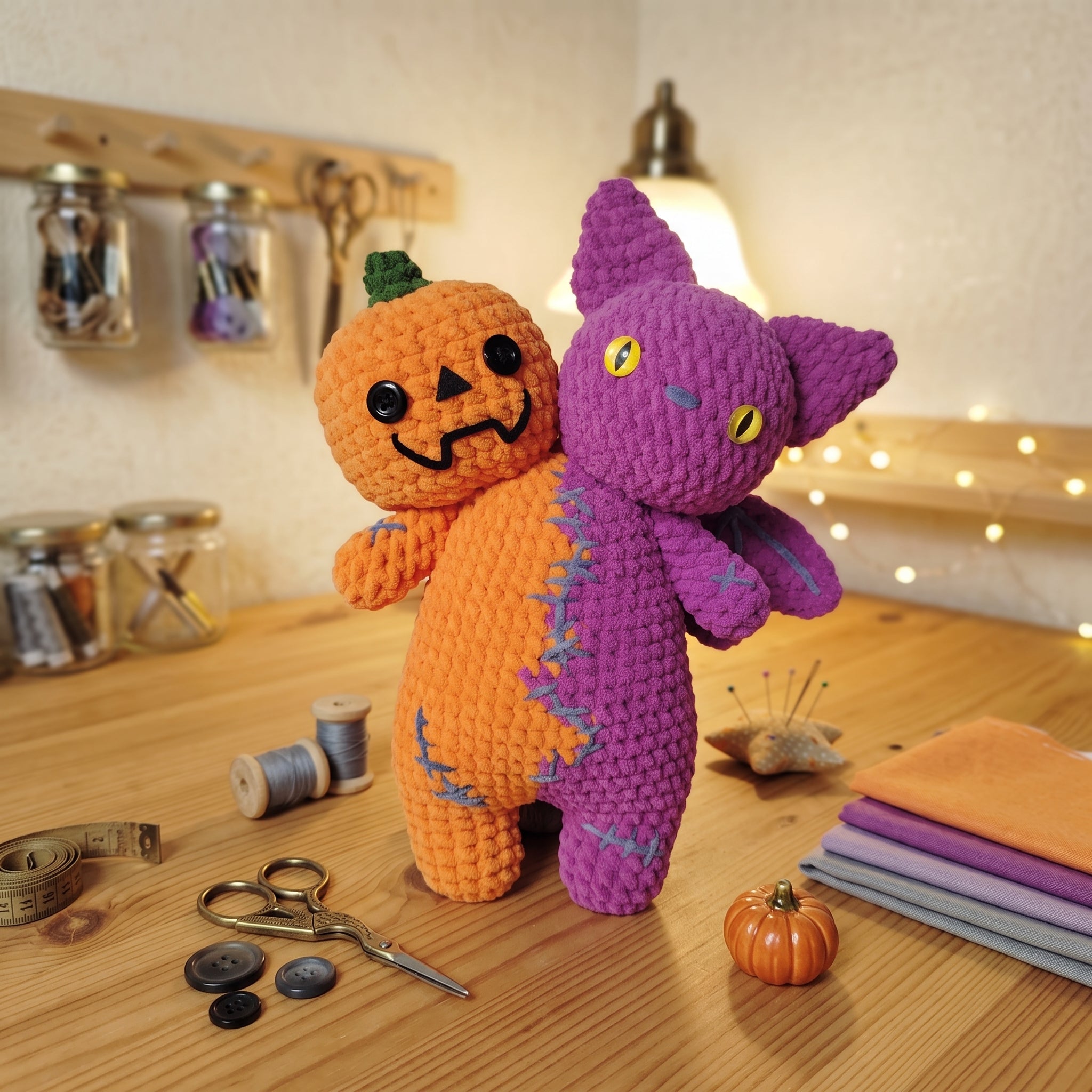 Two-Headed Stuffed Animal Crochet Pattern – Pumpkin & Bat Halloween Amigurumi PDF