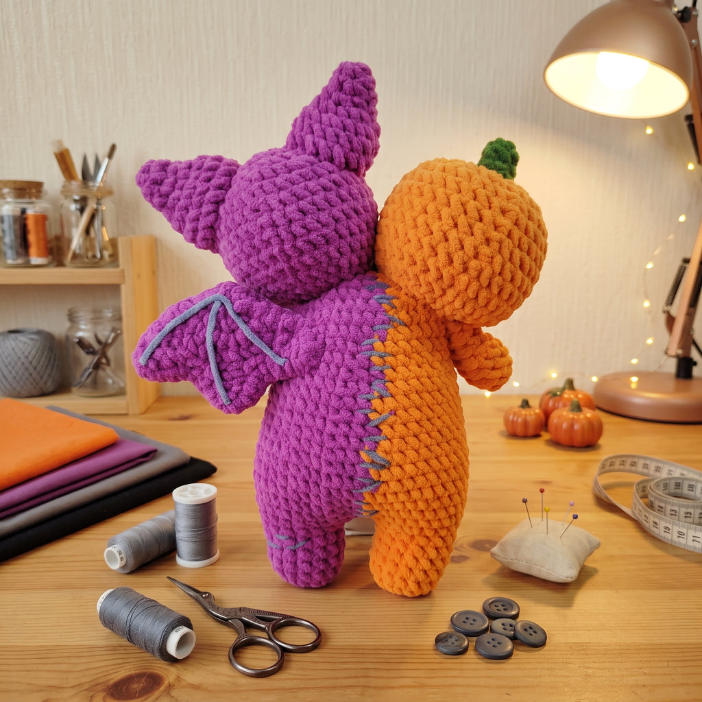 Two-Headed Stuffed Animal Crochet Pattern – Pumpkin & Bat Halloween Amigurumi PDF