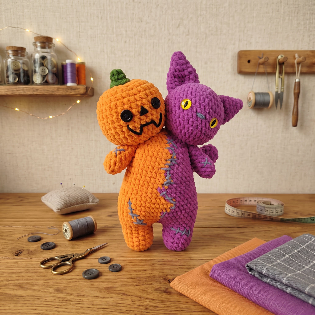 Two-Headed Stuffed Animal Crochet Pattern – Pumpkin & Bat Halloween Amigurumi PDF
