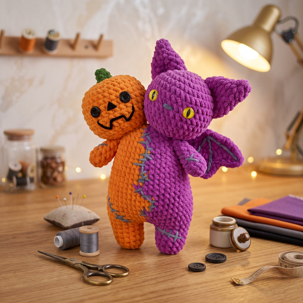 Two-Headed Stuffed Animal Crochet Pattern – Pumpkin & Bat Halloween Amigurumi PDF