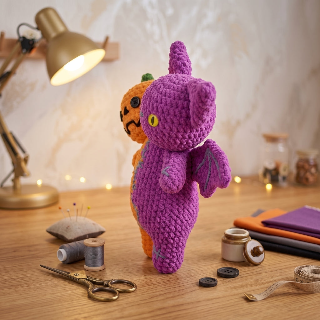 Two-Headed Stuffed Animal Crochet Pattern – Pumpkin & Bat Halloween Amigurumi PDF