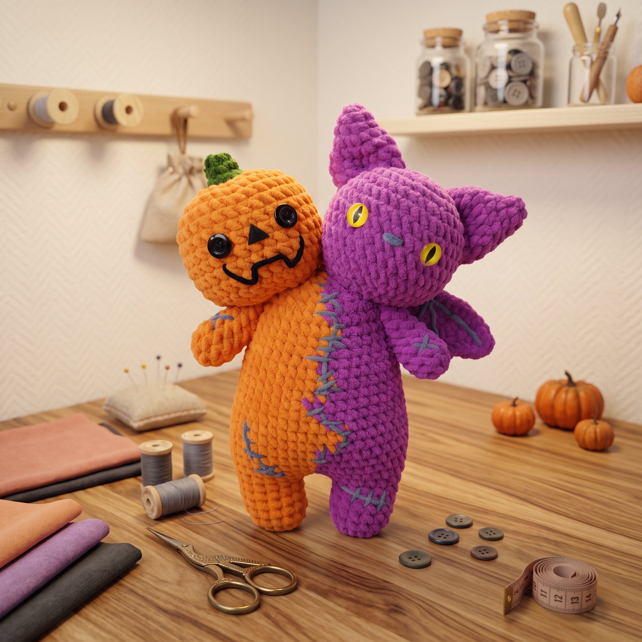 Two-Headed Stuffed Animal Crochet Pattern – Pumpkin & Bat Halloween Amigurumi PDF