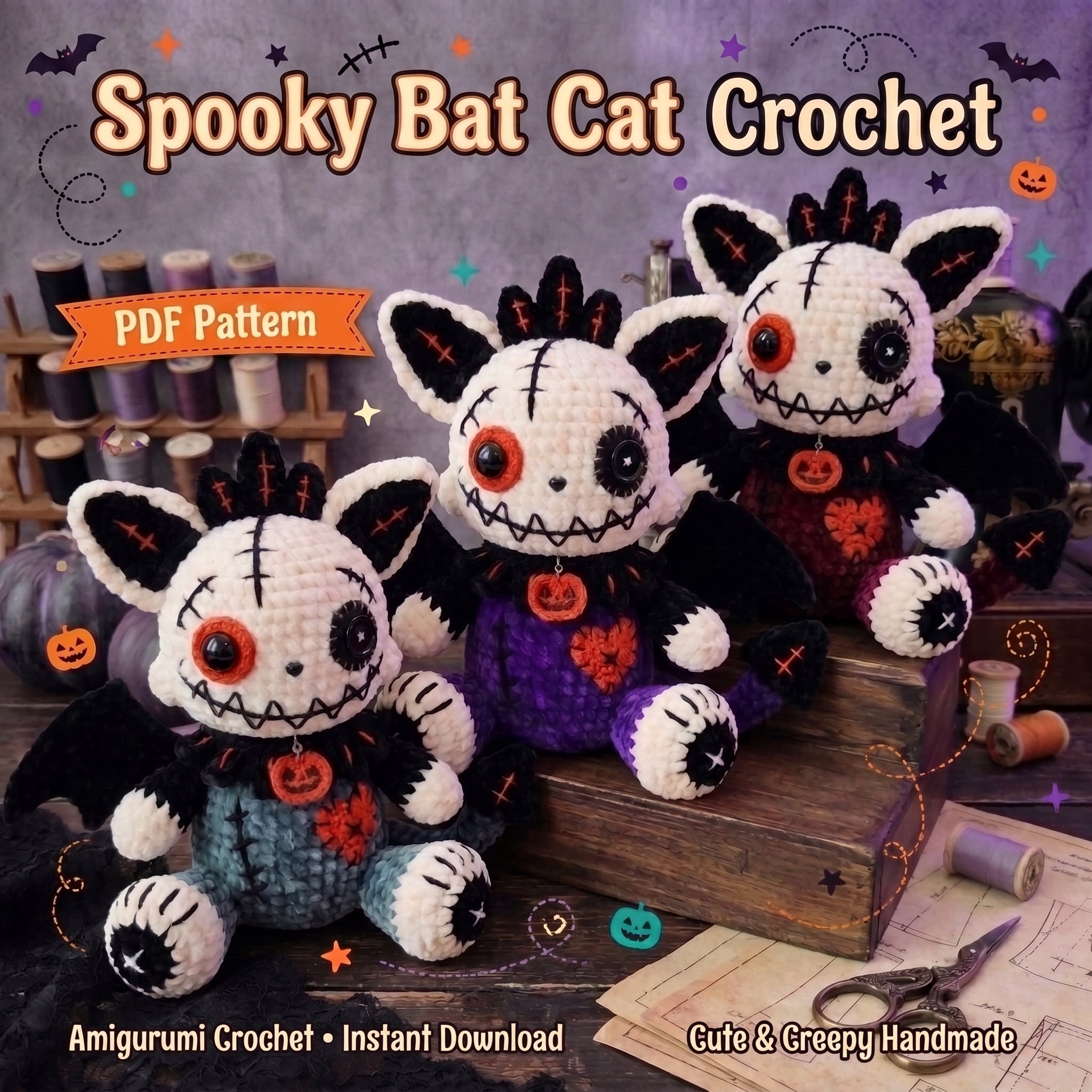 Spooky Cat Crochet Pattern PDF – Halloween Bat Amigurumi Plush