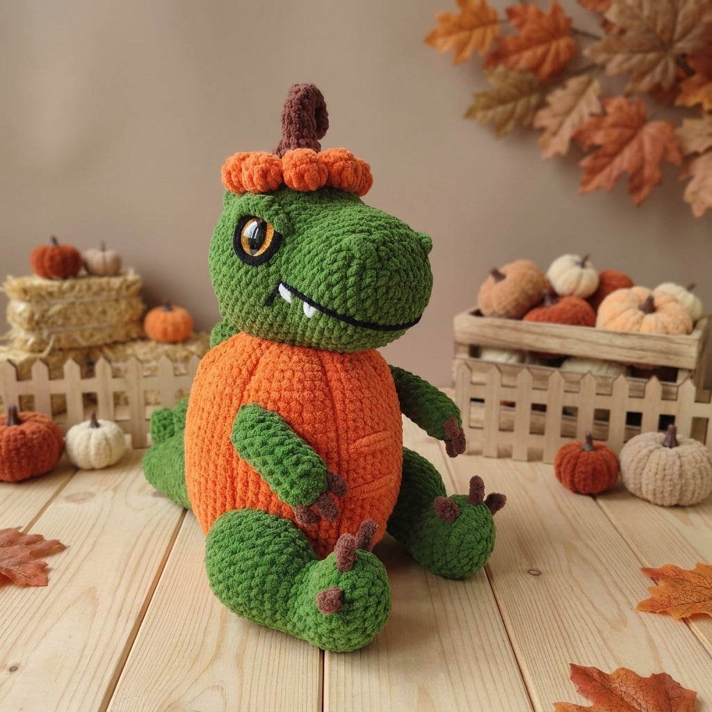 Pumpkin Dinosaur Crochet Pattern PDF – Halloween Dino Amigurumi Plush