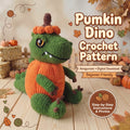 Promotional cover for a 'Pumpkin Dino Crochet Pattern' showing a crocheted plush dinosaur dressed as a pumpkin on a wooden surface with autumn decorations and text overlays.