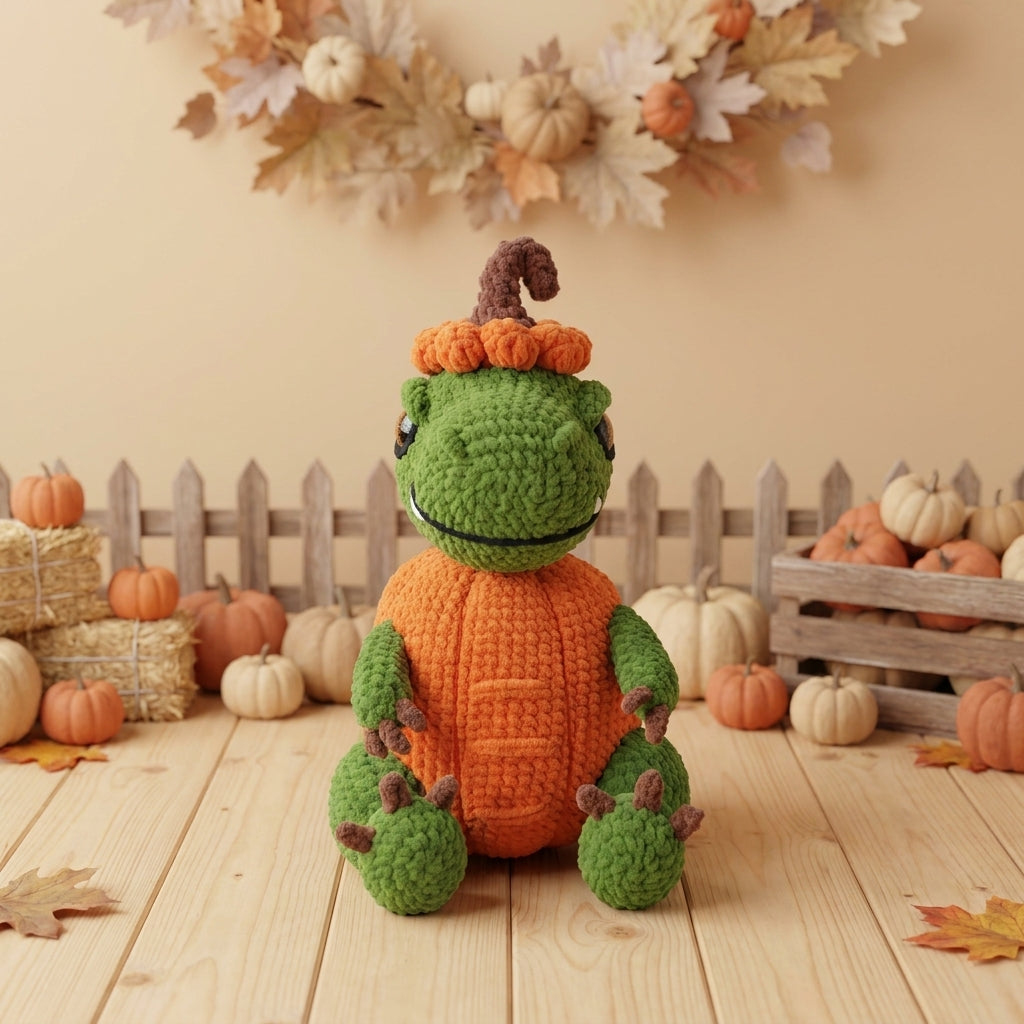 Pumpkin Dinosaur Crochet Pattern PDF – Halloween Dino Amigurumi Plush