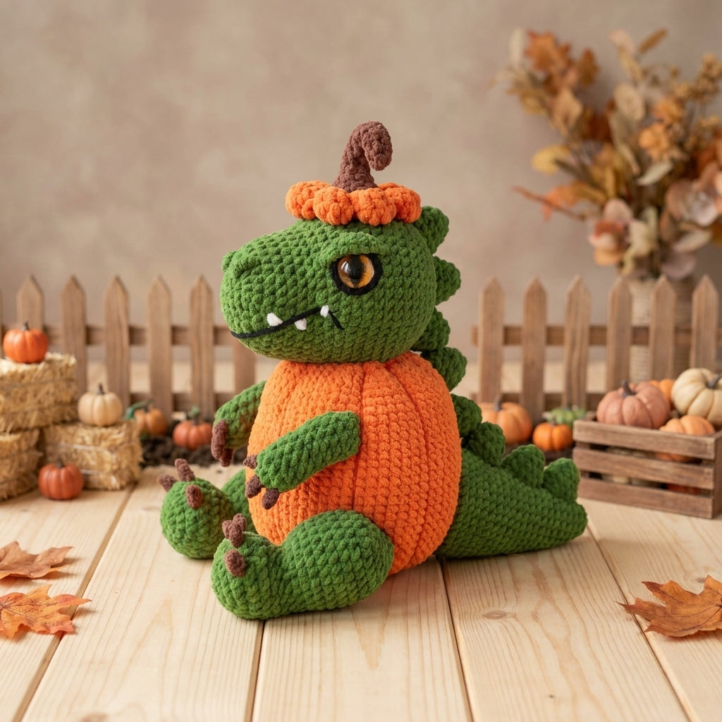 Pumpkin Dinosaur Crochet Pattern PDF – Halloween Dino Amigurumi Plush