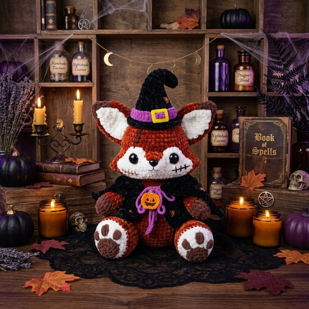 Witch Fox Crochet Pattern PDF – Halloween Amigurumi Plush with Hat & Cloak