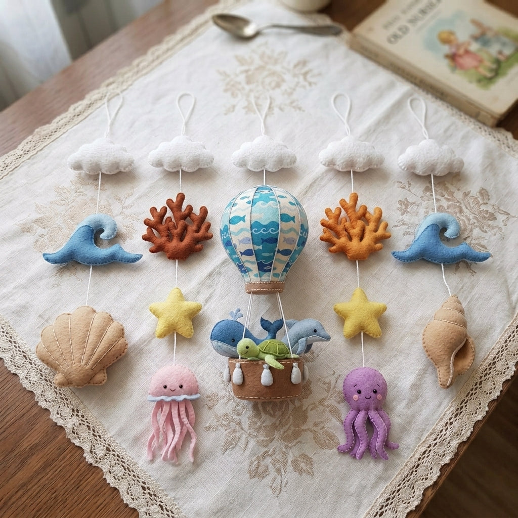 Handmade Felt Ocean Hot Air Balloon Baby Mobile – Sea Animal Nursery Decor