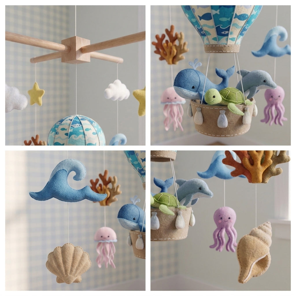 Handmade Felt Ocean Hot Air Balloon Baby Mobile – Sea Animal Nursery Decor