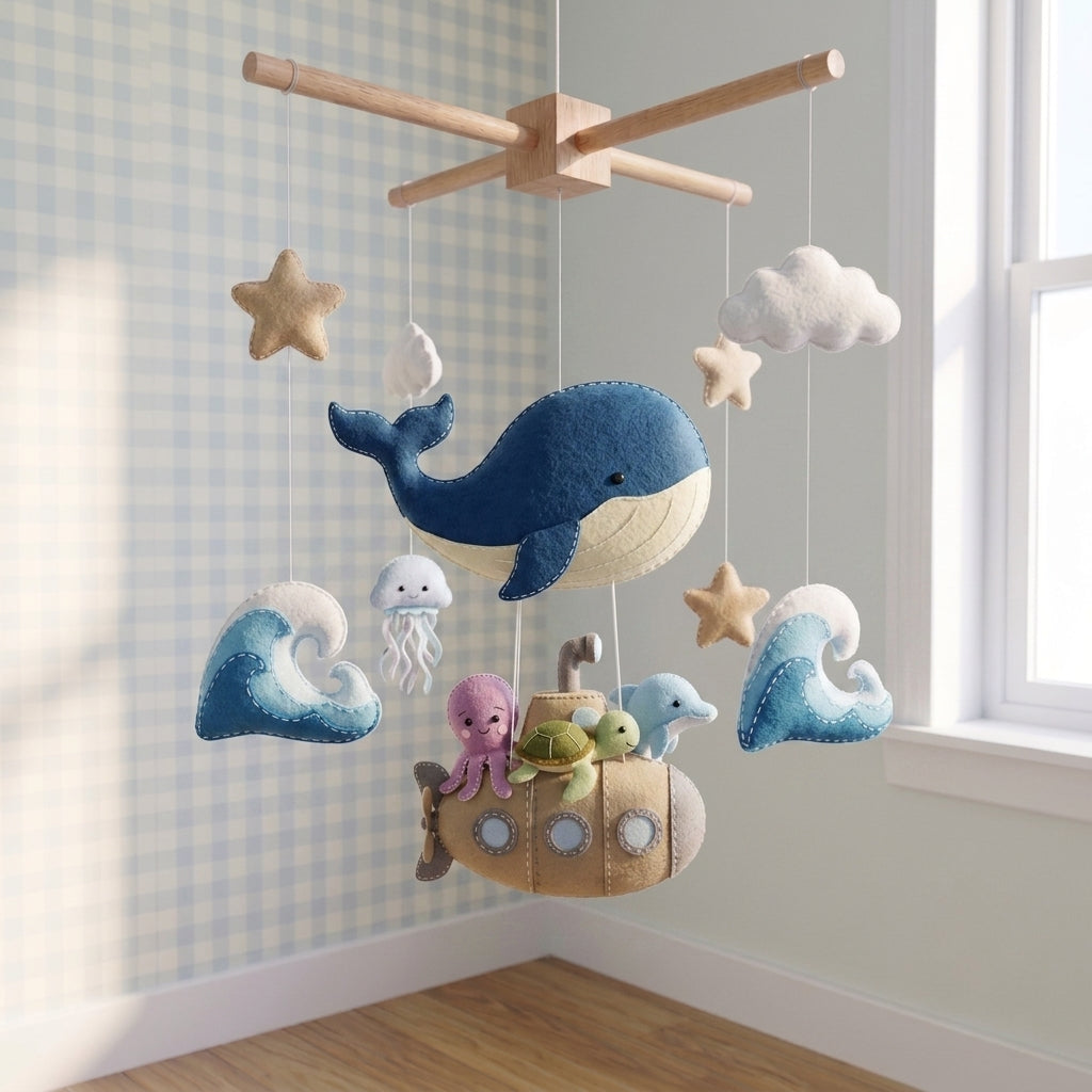 Handmade Felt Whale and Submarine Baby Mobile – Ocean Animal Nursery Decor
