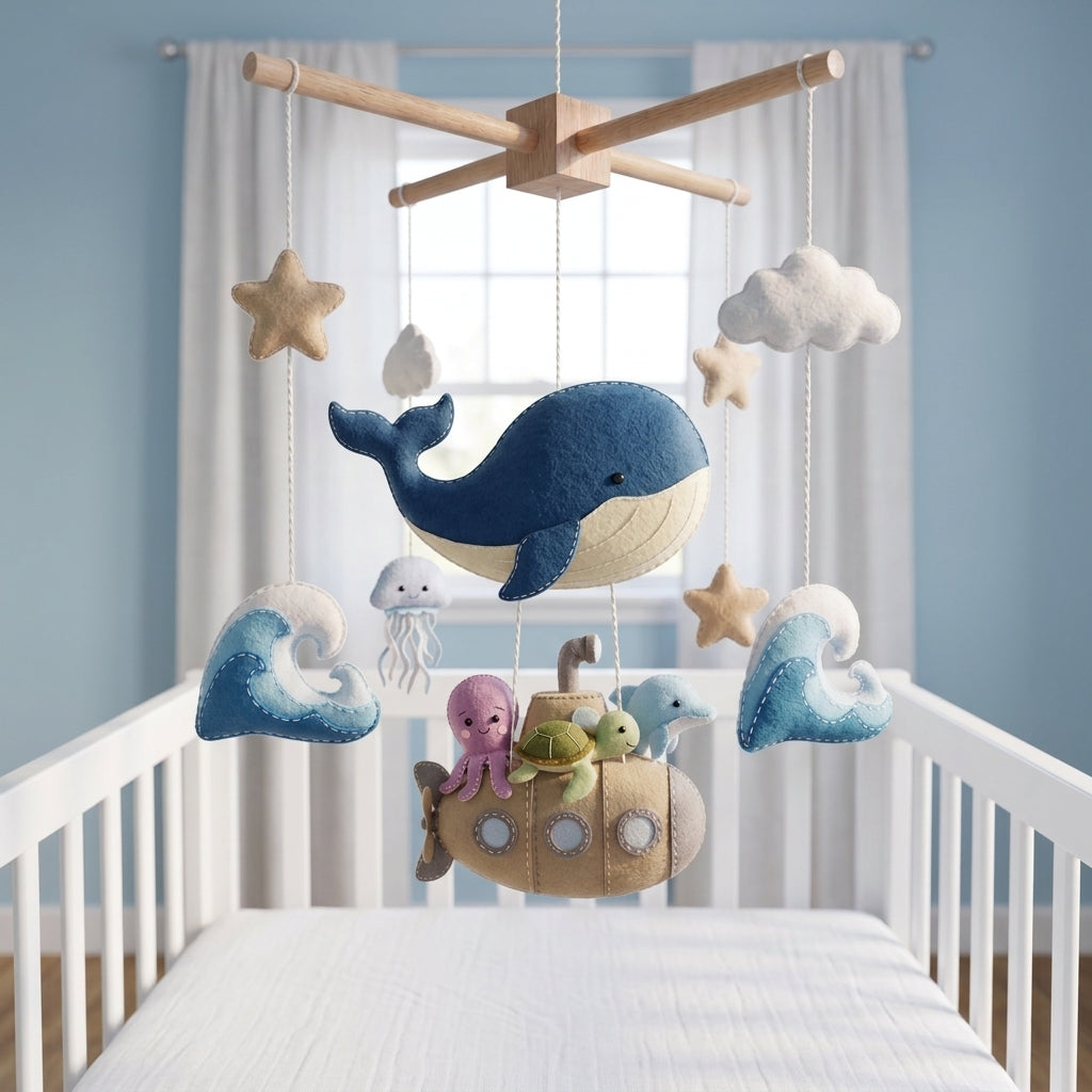 Handmade Felt Whale and Submarine Baby Mobile – Ocean Animal Nursery Decor
