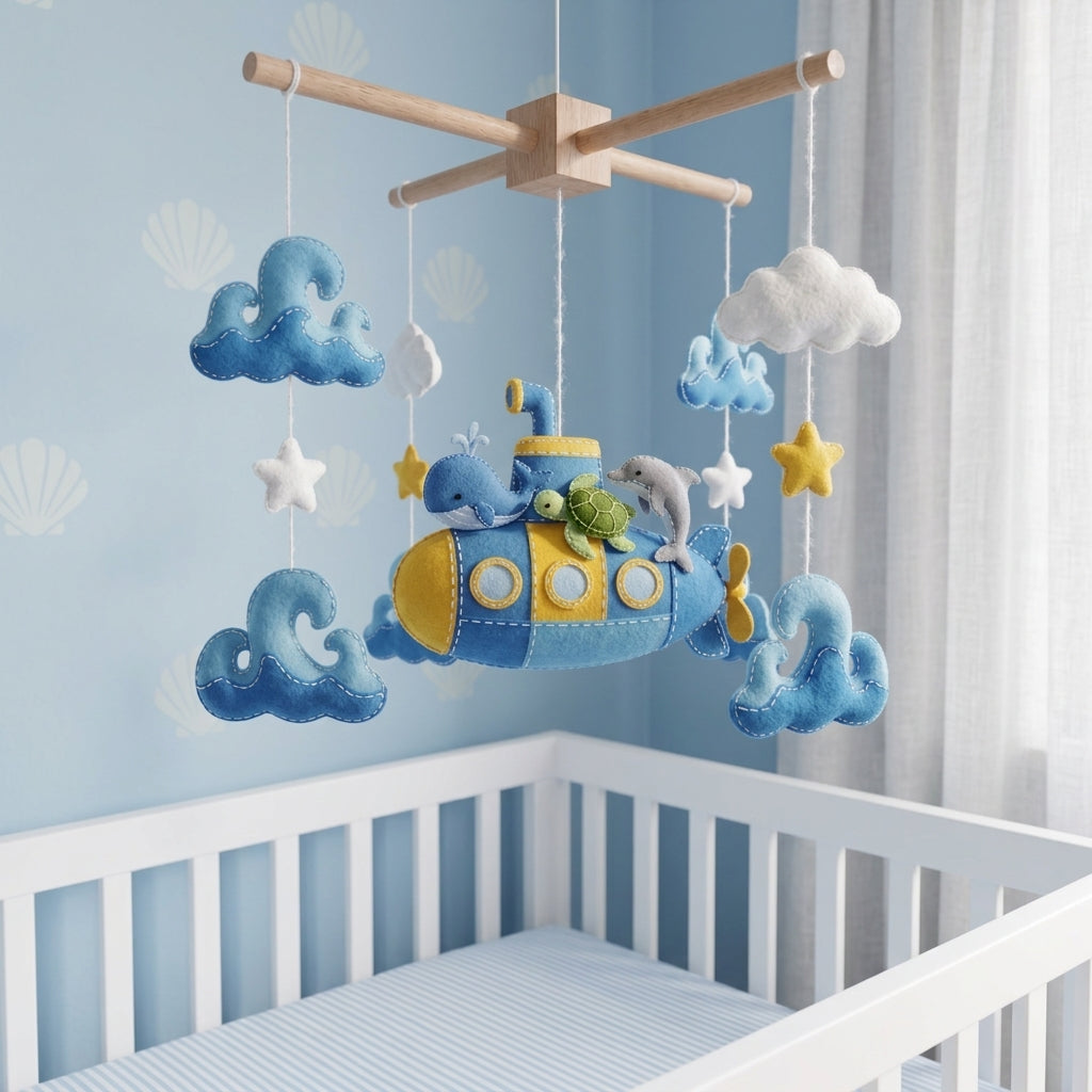 Handmade Felt Submarine Baby Mobile – Whale, Turtle & Dolphin Ocean Nursery Decor