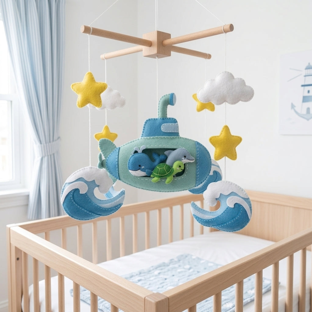 Handmade Felt Submarine Baby Mobile – Whale, Turtle & Dolphin Ocean Nursery Decor