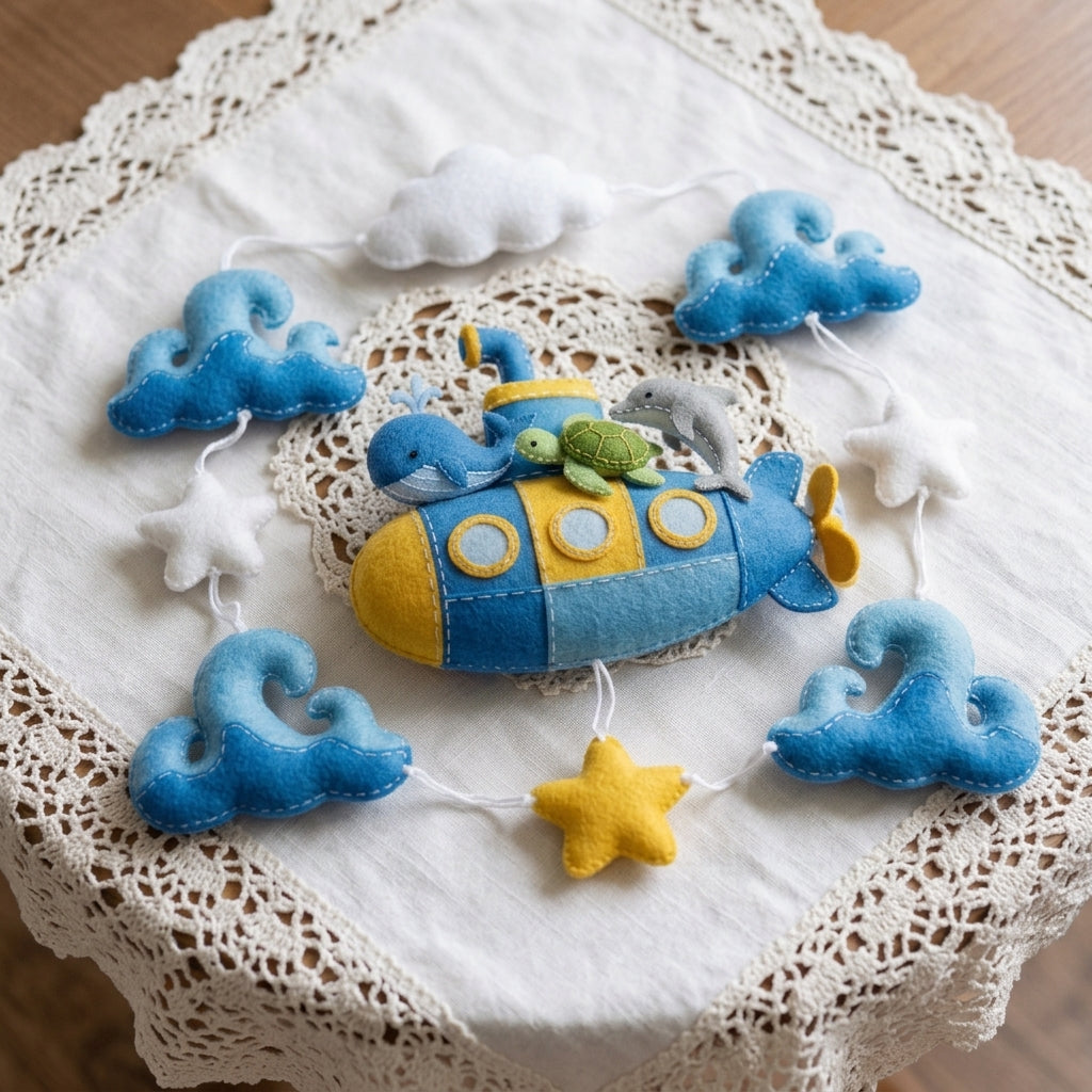 Handmade Felt Submarine Baby Mobile – Whale, Turtle & Dolphin Ocean Nursery Decor