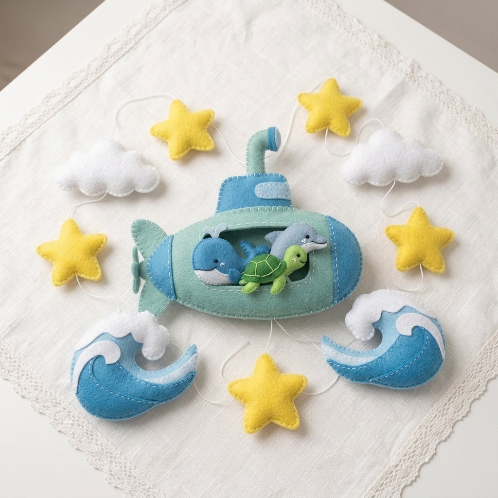Handmade Felt Submarine Baby Mobile – Whale, Turtle & Dolphin Ocean Nursery Decor