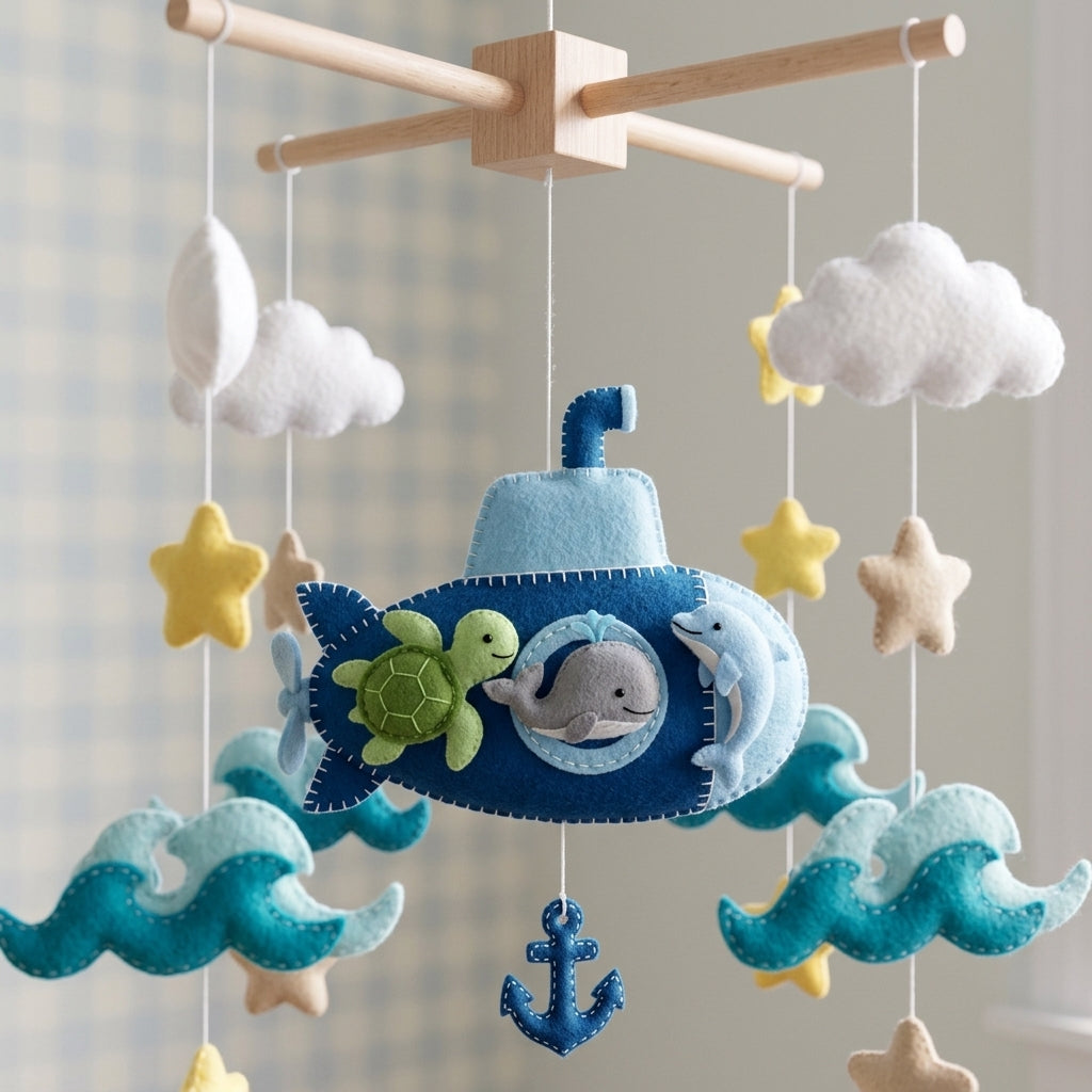Ocean Adventure Felt Baby Mobile – Submarine, Whale, Turtle & Dolphin Nursery Decor