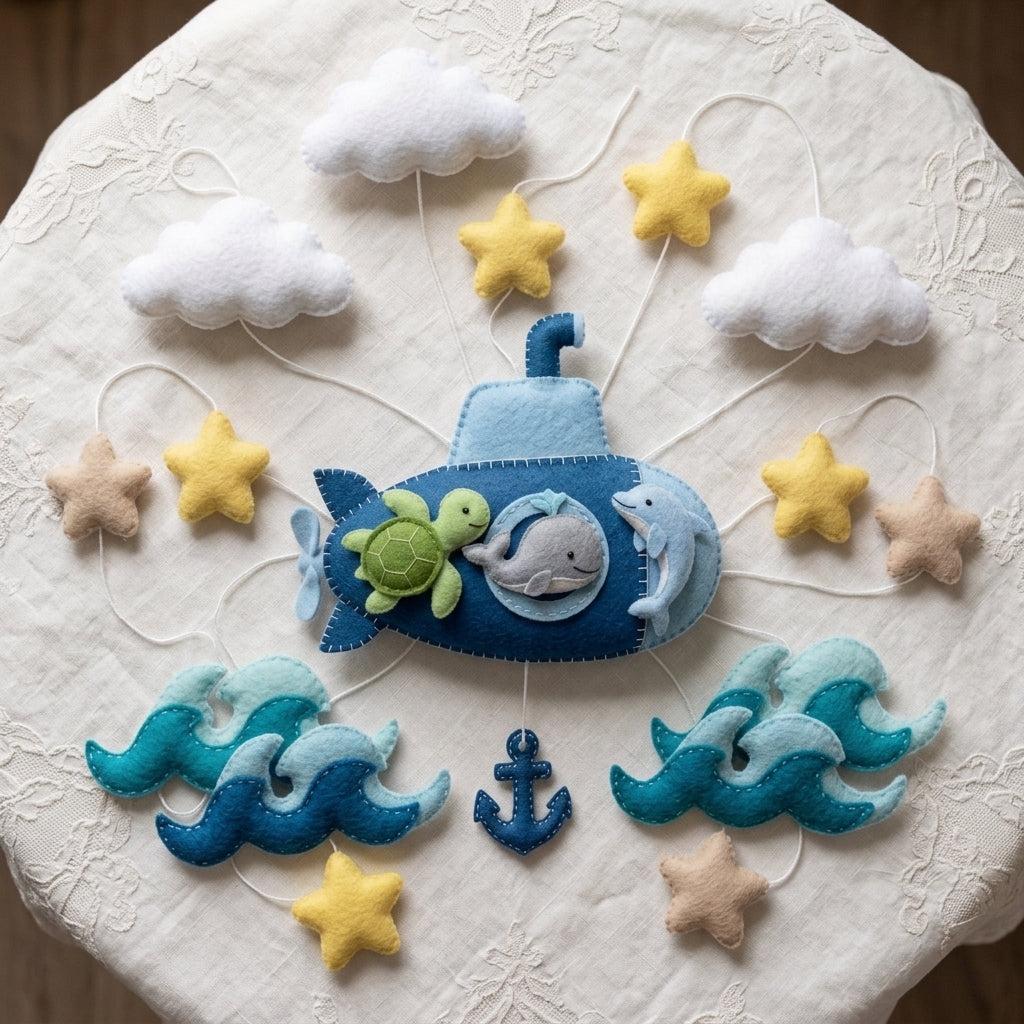 Ocean Adventure Felt Baby Mobile – Submarine, Whale, Turtle & Dolphin Nursery Decor