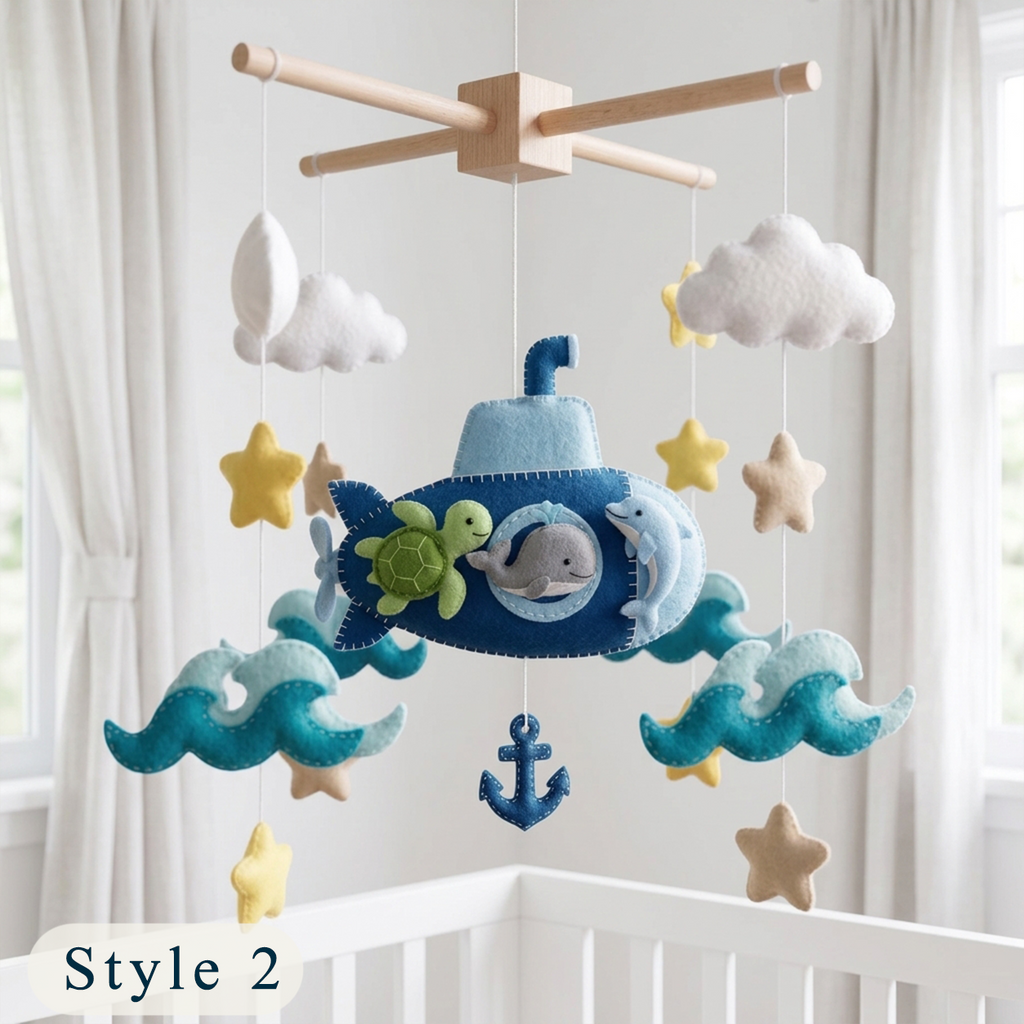 Ocean Adventure Felt Baby Mobile – Submarine, Whale, Turtle & Dolphin Nursery Decor