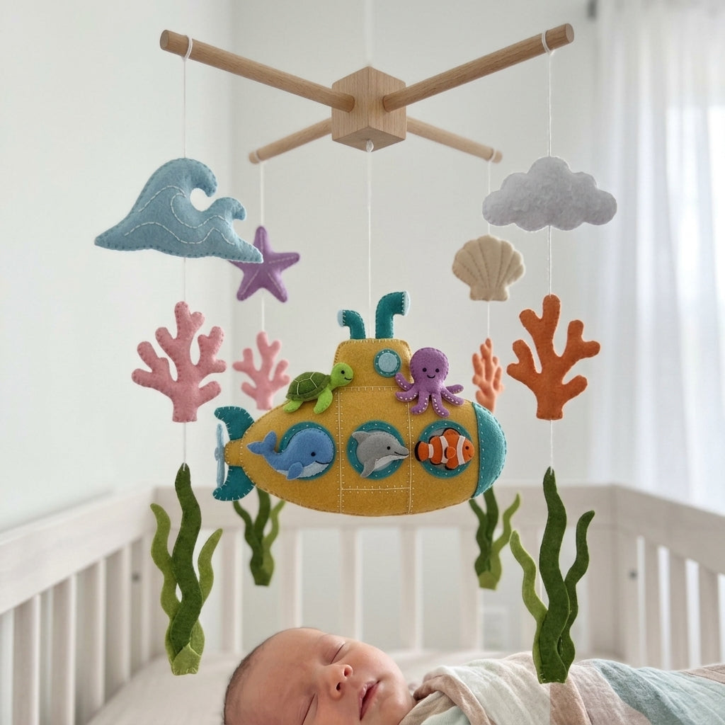 Handmade Felt Yellow Submarine Baby Mobile – Under the Sea Nursery Decor
