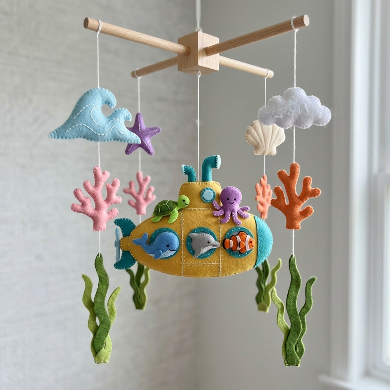 Handmade Felt Yellow Submarine Baby Mobile – Under the Sea Nursery Decor
