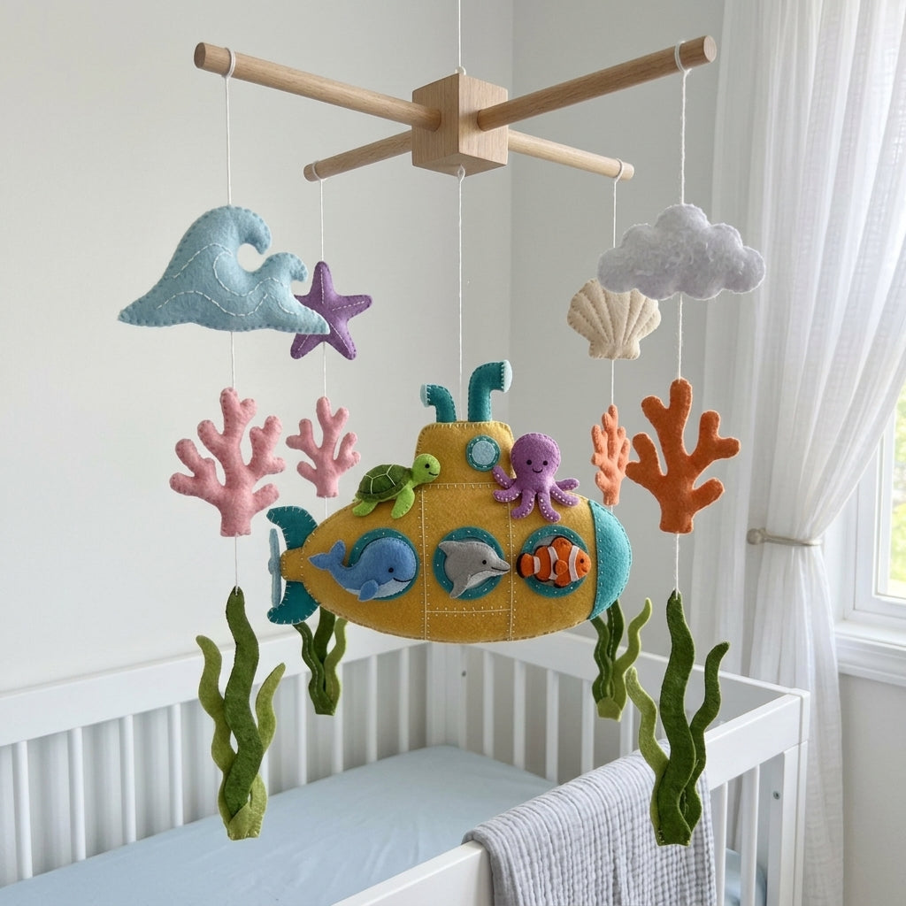 Handmade Felt Yellow Submarine Baby Mobile – Under the Sea Nursery Decor