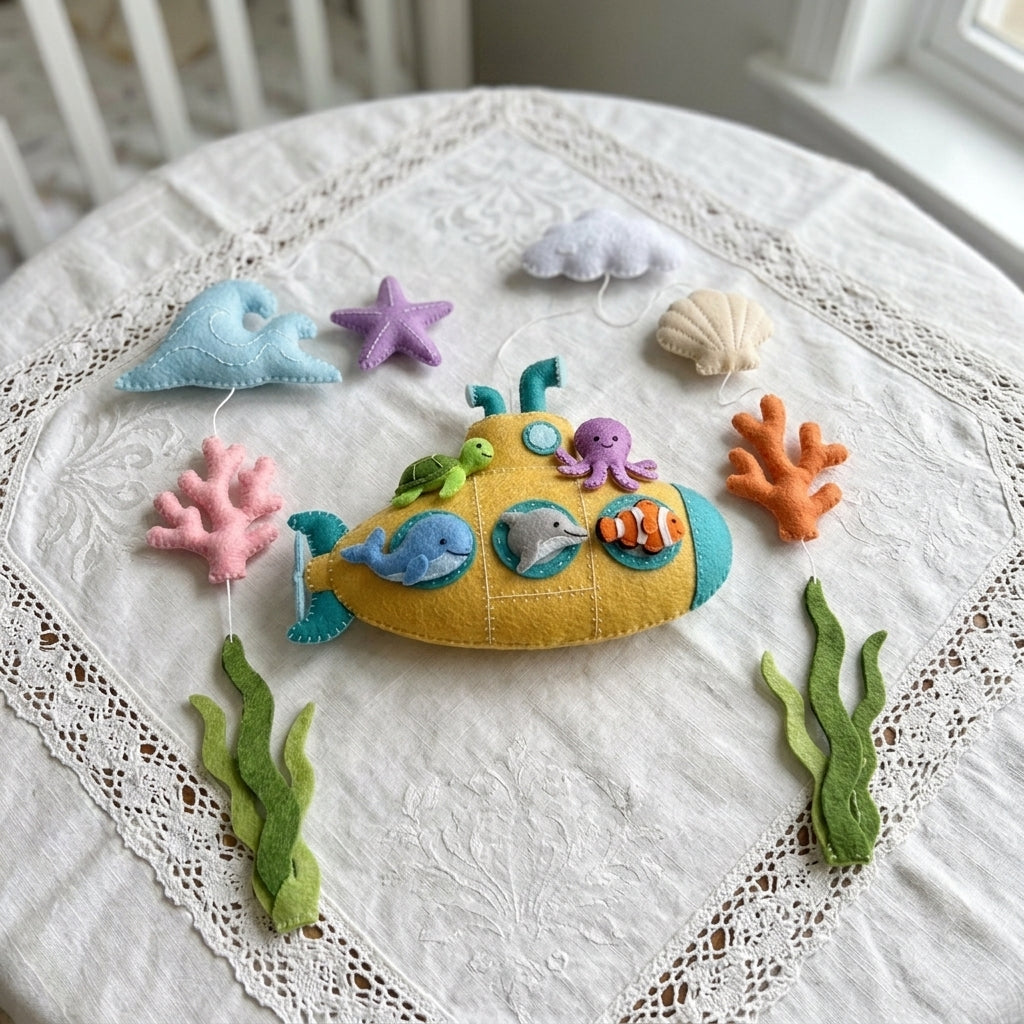 Handmade Felt Yellow Submarine Baby Mobile – Under the Sea Nursery Decor