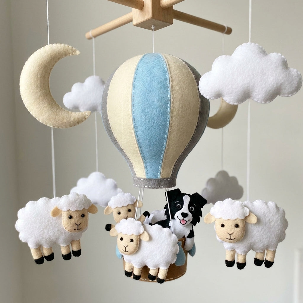 Handmade Felt Sheep and Dog Baby Mobile – Hot Air Balloon Nursery Crib Decor