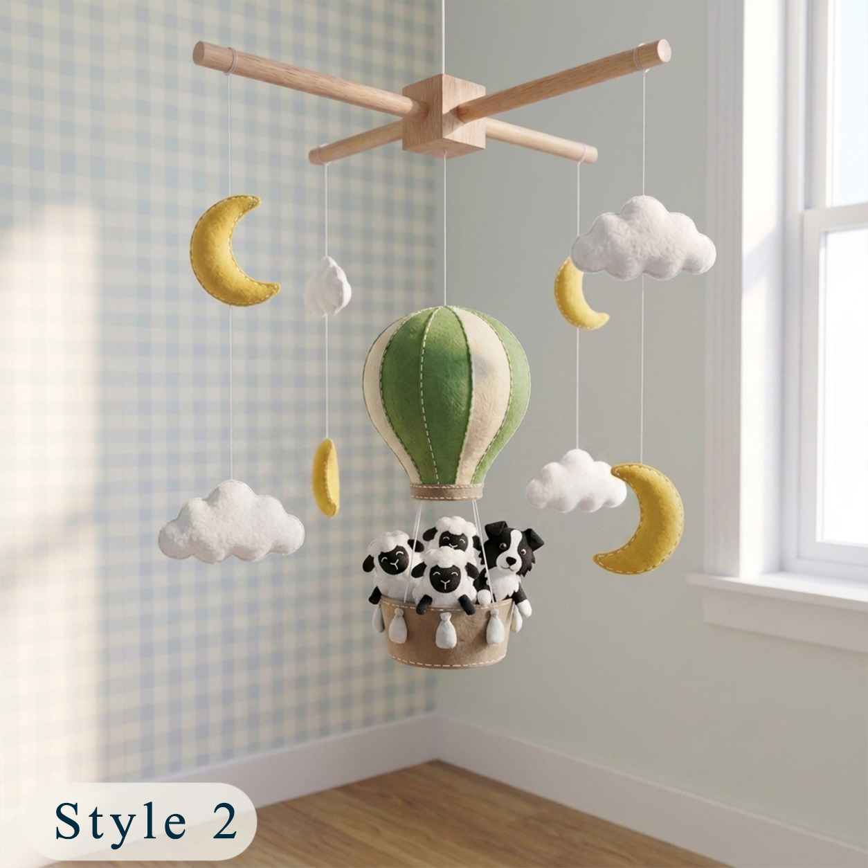 Handmade Felt Sheep and Dog Baby Mobile – Hot Air Balloon Nursery Crib Decor
