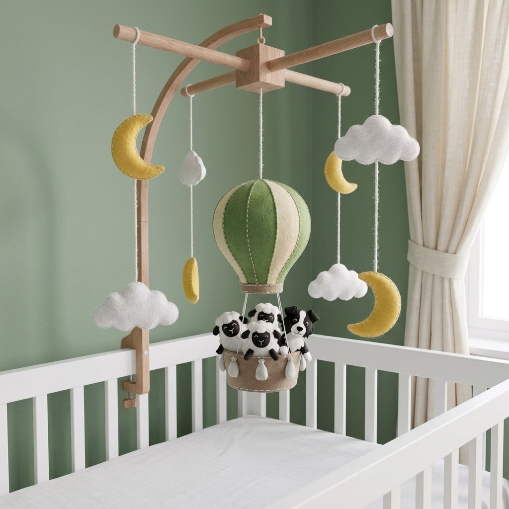 Handmade Felt Sheep and Dog Baby Mobile – Hot Air Balloon Nursery Crib Decor