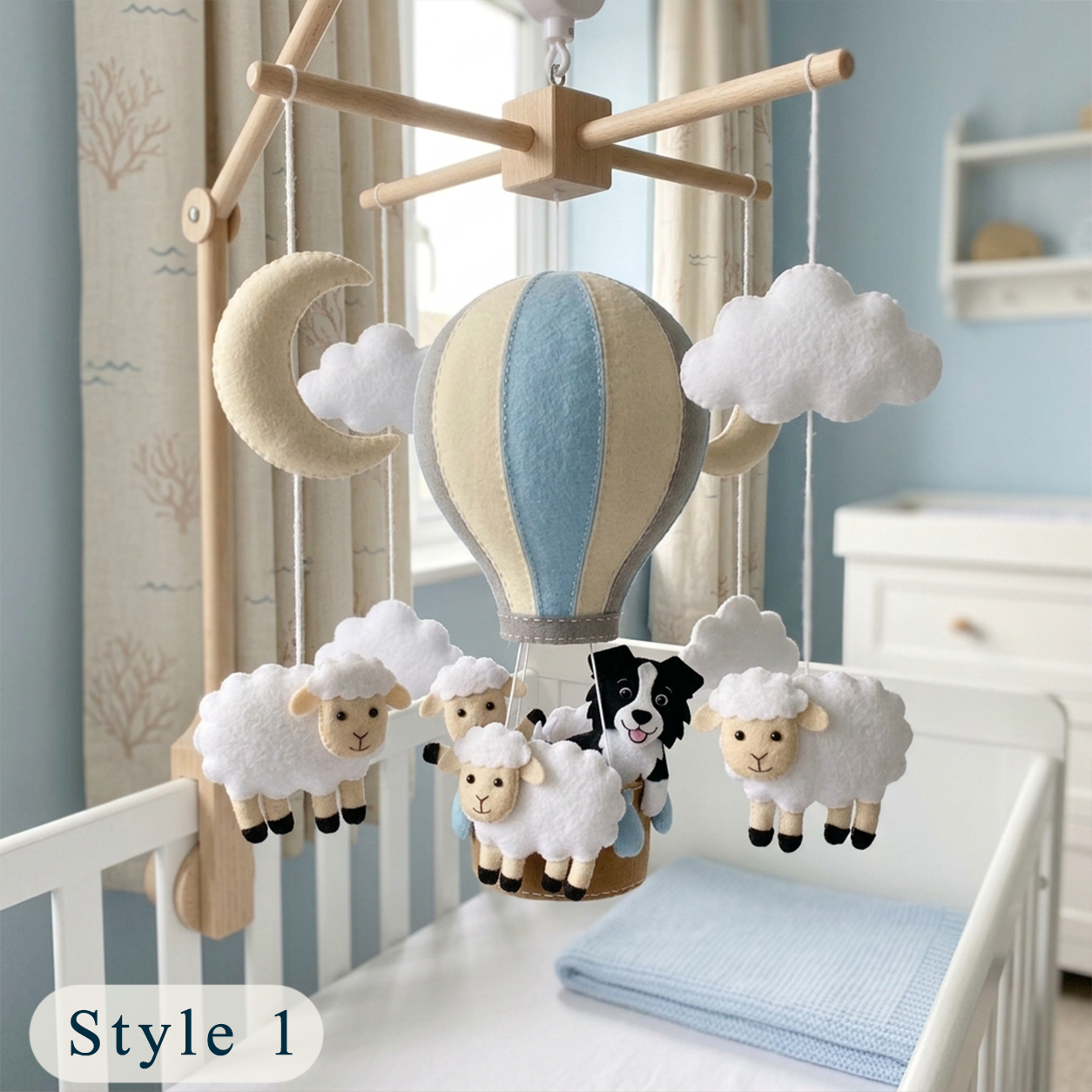 Handmade Felt Sheep and Dog Baby Mobile – Hot Air Balloon Nursery Crib Decor