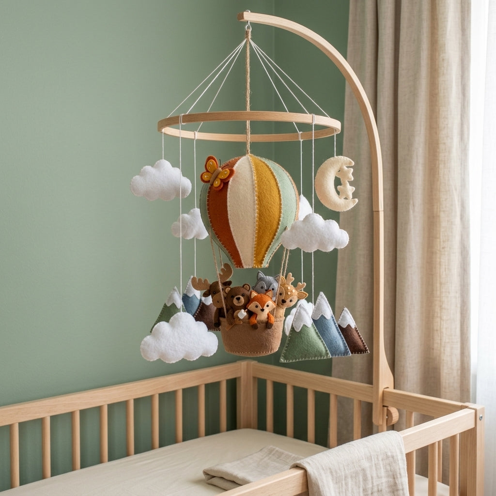 Handmade Felt Woodland Hot Air Balloon Baby Mobile – Forest Animal Nursery Decor